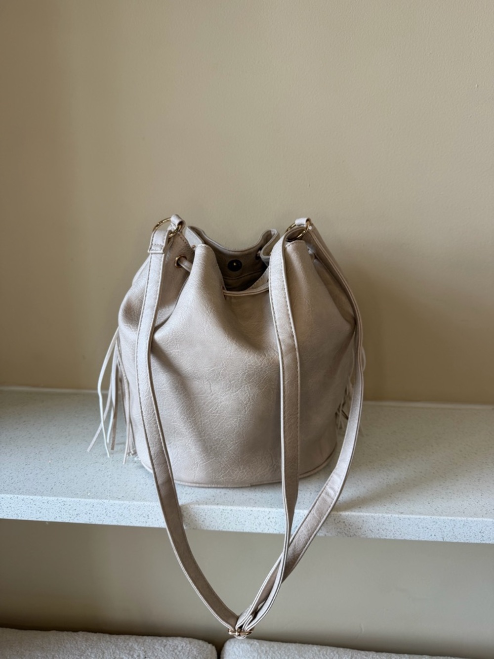 Fringe Drawstring Bucket Bag in Light Beige - Picture 3 of 5